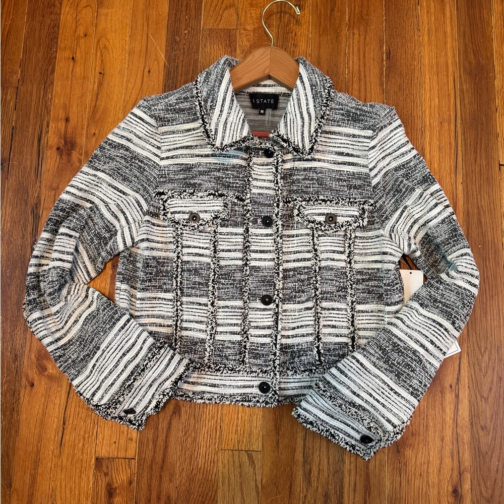 1. State Fringe Trim Tweed Crop Jacket Black and White NWT